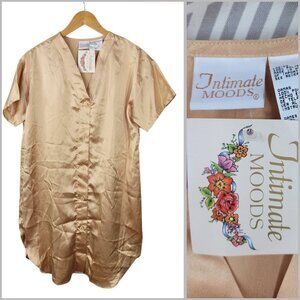 NEW Vintage 90s Satin Nightgown Medium Night Sleep Shirt Tan Gold Button Up